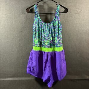 vtg women swim romper medium purple 80s retro floral neon resortwear barbie